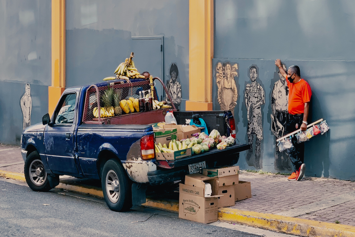 A blue pickup truck with fruits on the truck bed on the side of the street and a masked vendor standing beside a mural. 