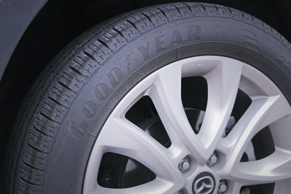 a close-up image of a car's tire
