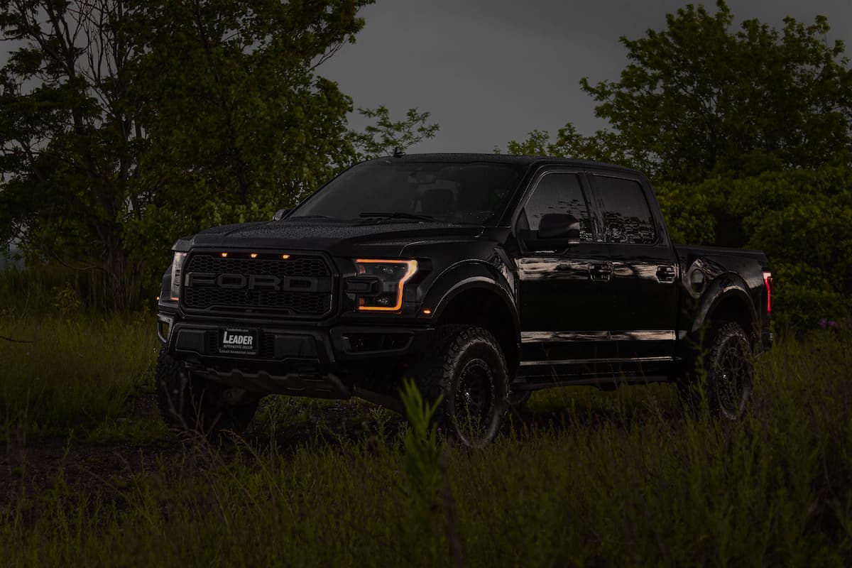 A black Ford pickup truck parked on a grassy road near trees on a cloudy day. 