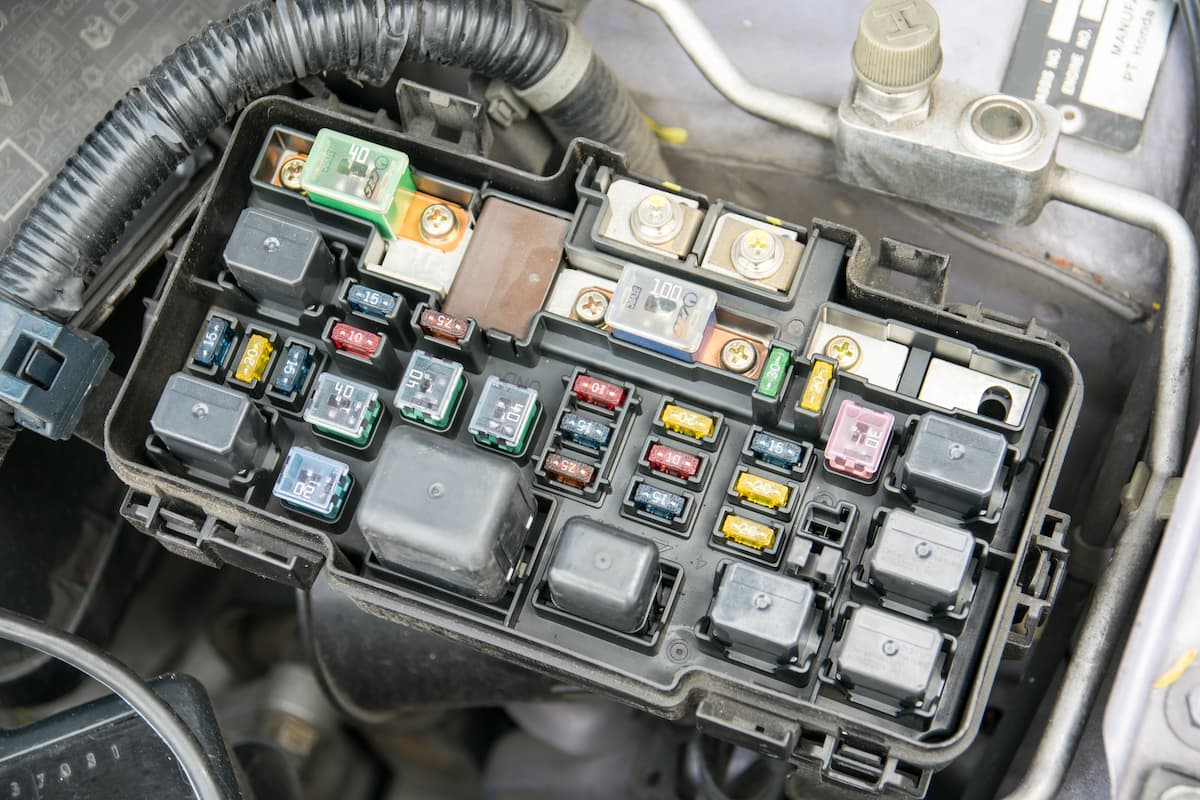 Fuses in a fuse box of a car engine. 