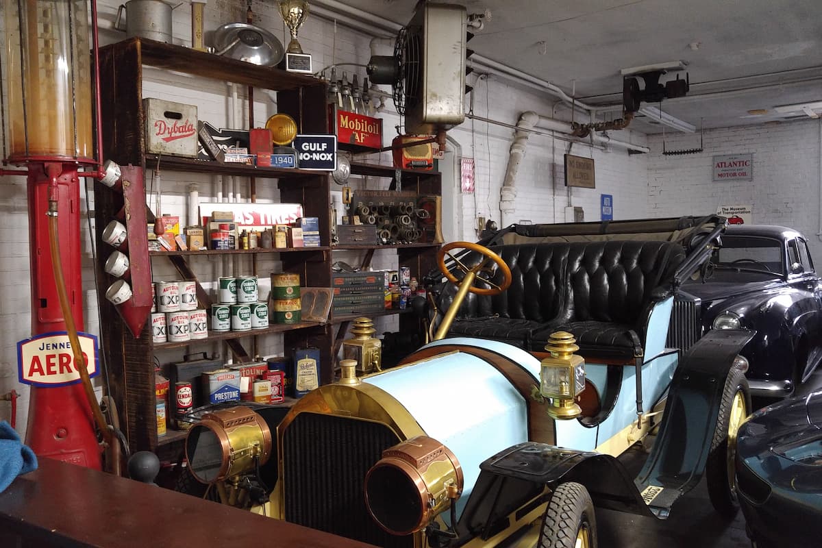 Vintage cars in an antique car garage. 