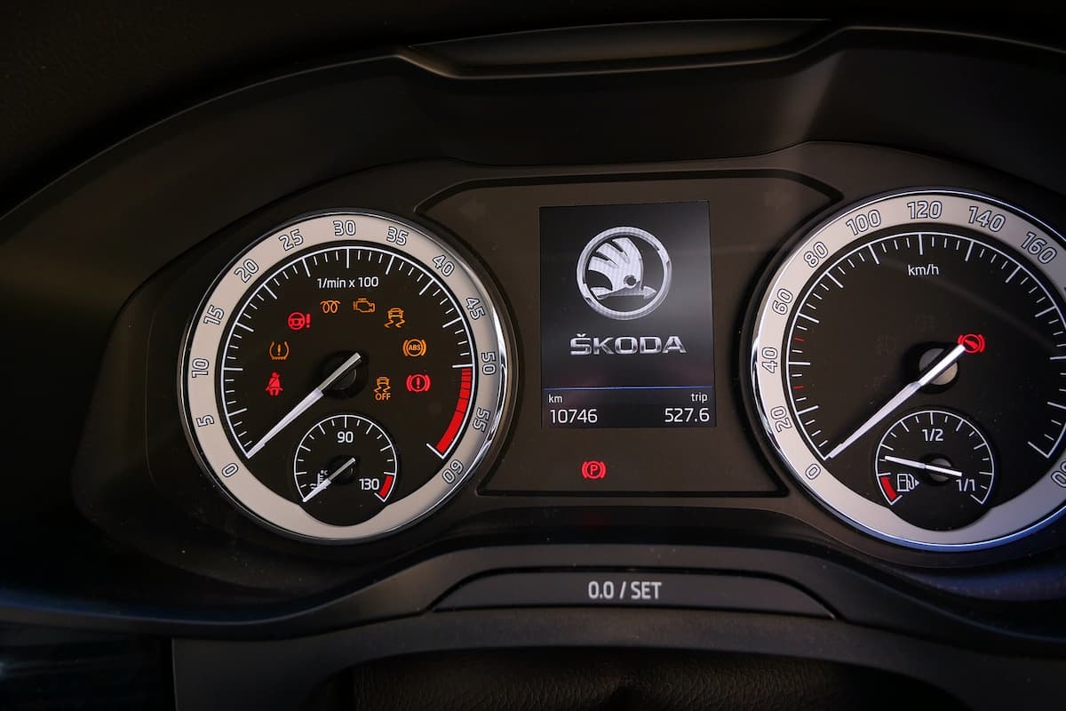 A dashboard with warning lights turned on. 