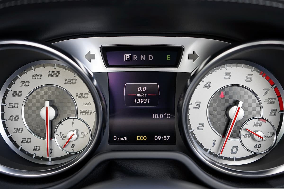 A car's dashboard in ECO mode.